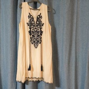 Cream Sleeveless Dress with Black Embroidery